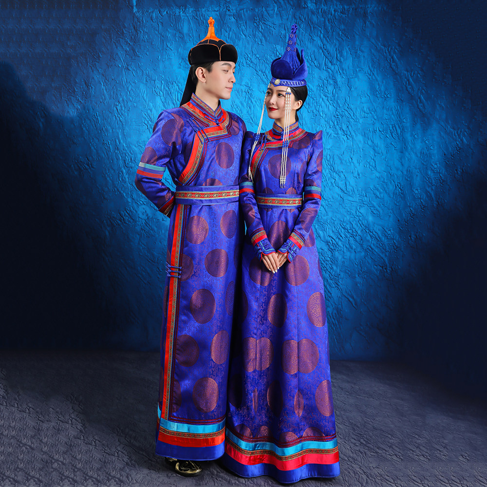 情侣亲子装蒙古袍蓝色新娘婚礼服精致盛装蒙古民族舞蹈演出服饰