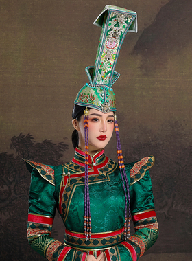 原创蒙古族女士绿色帽子重工复古设计感高顶高筒头饰走秀帽子饰品