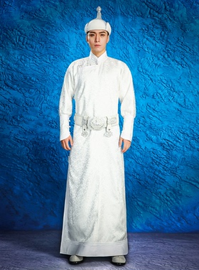 新款男士时尚拍照蒙古袍婚礼新郎伴郎父母敬酒舞蹈演出服银白色