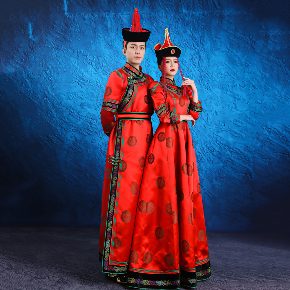 情侣服新款蒙古袍红色婚礼盛装蒙古民族舞蹈演出服饰高端私人订制