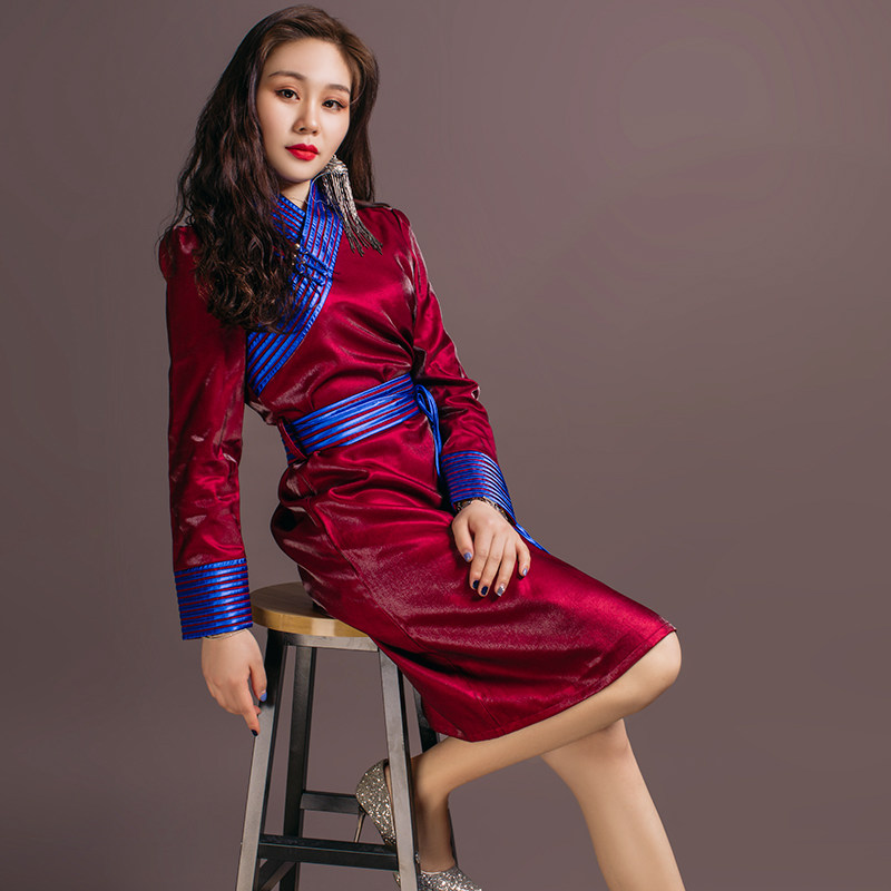 蒙古服装女士2019年春夏新款亮丝锦棉中长连衣裙蒙古元素蒙古袍子