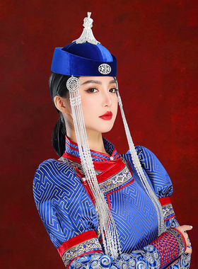 原创蒙古族高筒蓝色帽子旅拍舞蹈演出婚礼写真头饰品表演异域风情