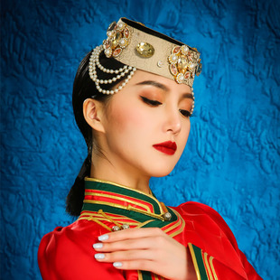 金香槟色蒙古族头饰女士民族舞蹈演出顶碗舞发饰异域风情帽子摄影
