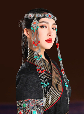 蒙古族黑色复古头饰民族风发饰品额头链子流苏高端舞蹈演出服饰