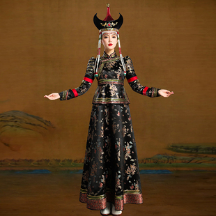 女蒙古袍黑色连衣裙内蒙古高端民族服舞蹈演出摄影礼仪婚礼服