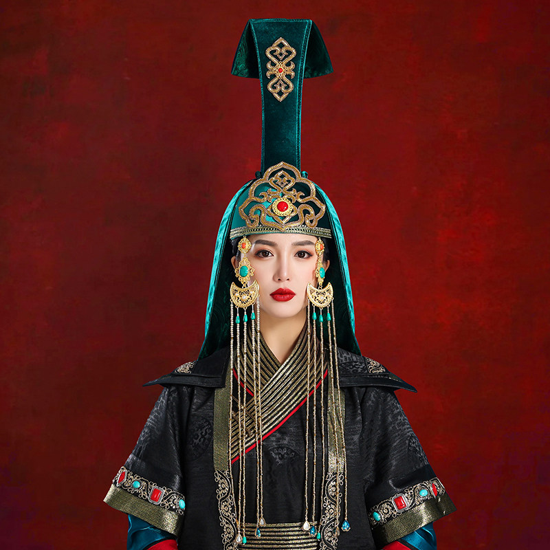 绿色成人蒙古民族风王妃福晋贵族游牧高端舞蹈演出发饰额饰帽子