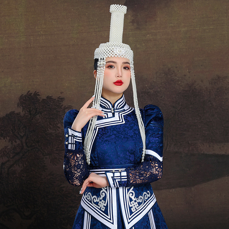 蒙古族帽子女款白色民族风高顶女帽高档手工制作舞台演出发饰婚礼