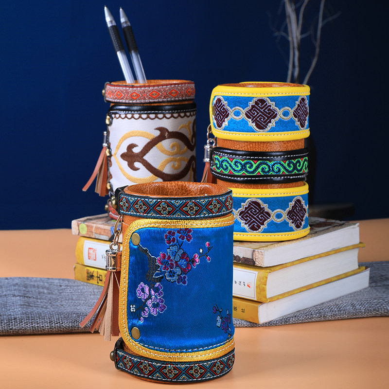 笔筒蒙古雕刻烫烙皮艺术元素民族风手工刺绣创意笔筒内蒙古特产