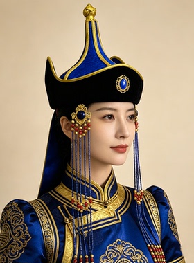 原创蒙古族帽子女款蓝色民族风尖顶手工舞台演出发饰旅拍头饰帽子