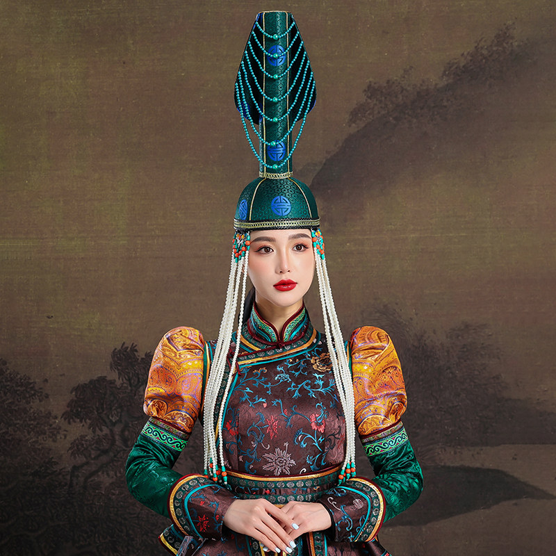 蒙古族帽子女款绿色民族风手工舞台演出高顶发饰旅拍新款走秀头饰