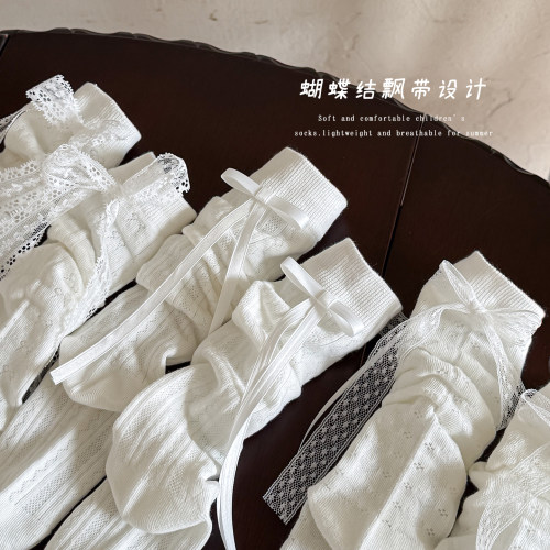 女童长筒袜春夏季薄款无骨网眼儿童韩系ins后跟蝴蝶结小腿袜夏季