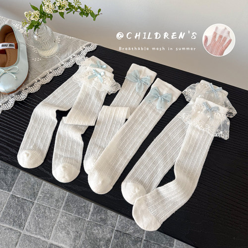 女童袜子春夏季薄款网眼长筒袜儿童韩系ins蕾丝花边蝴蝶结小腿袜