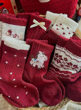 马年女童新年袜秋冬加厚保暖羊毛袜儿童韩版羊绒红色本命年中筒袜