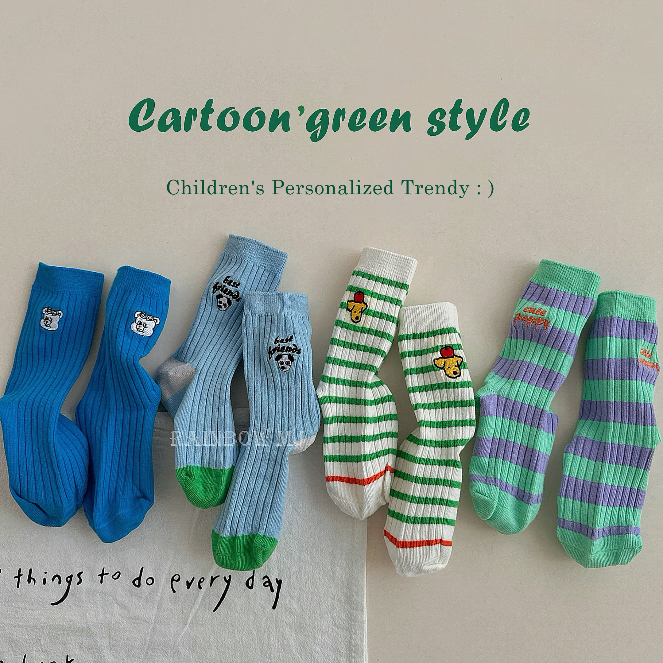 儿童无骨袜秋冬季纯棉韩版男童卡通刺绣中筒袜中大童字母百搭潮袜