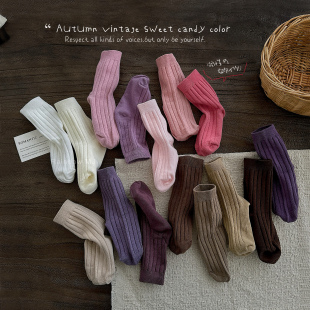 儿童袜子秋冬季 女童糖果色中筒袜男童纯色复古百搭潮袜秋 纯棉韩版