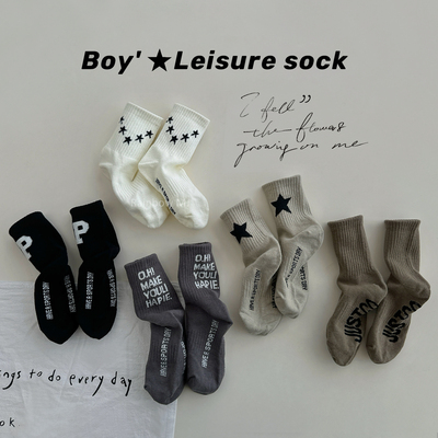 儿童袜子春秋纯棉男童韩版ins字母运动中筒袜中大童复古潮袜秋季