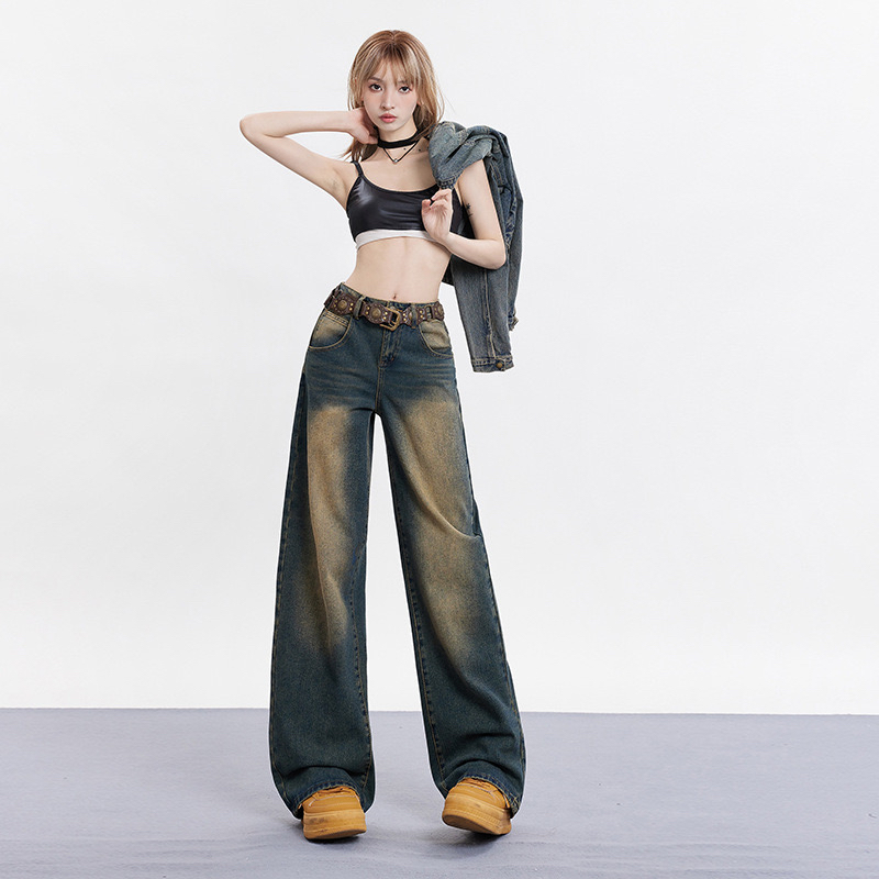春季水洗宽松牛仔裤女2024年新款做旧设计感复古阔腿休闲直筒裤子