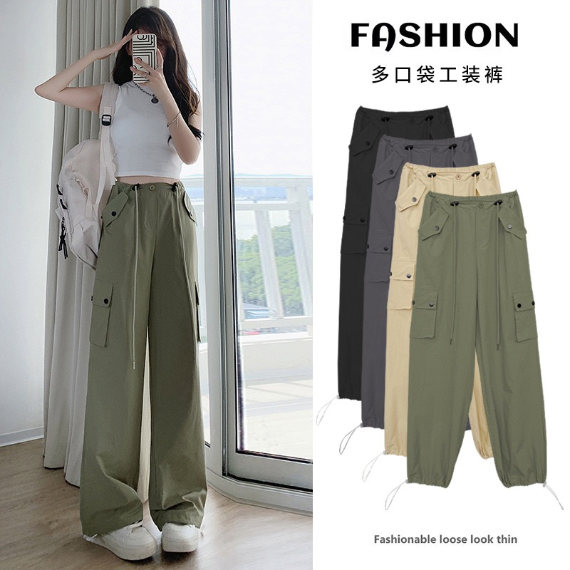 美式复古多袋工装裤女夏季新款两穿裤脚高腰休闲运动宽松阔腿裤子