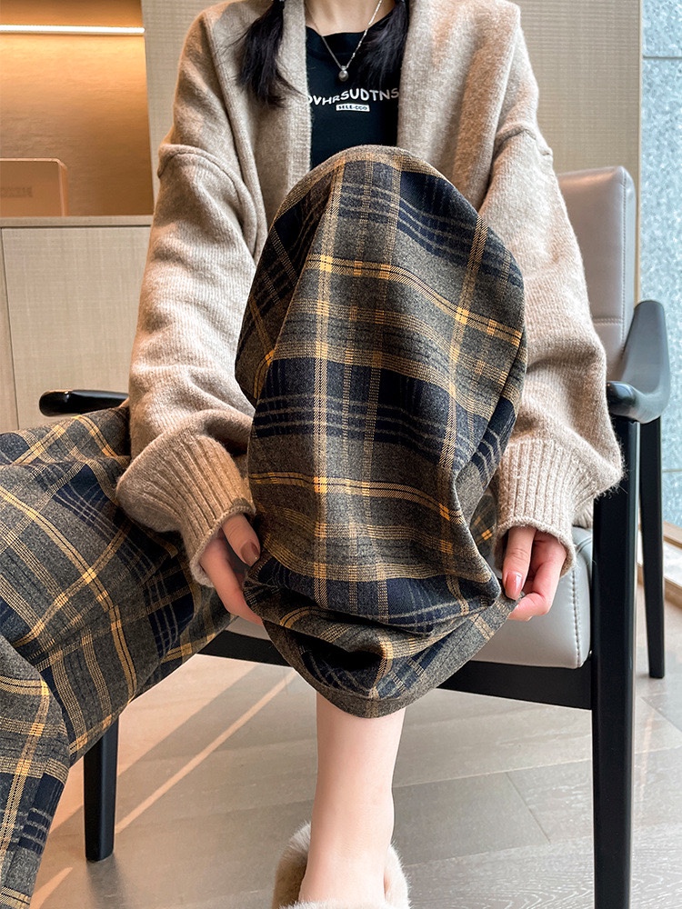 磨毛格子裤子女秋冬2024新款高腰垂感休闲显瘦复古拖到直筒阔腿裤