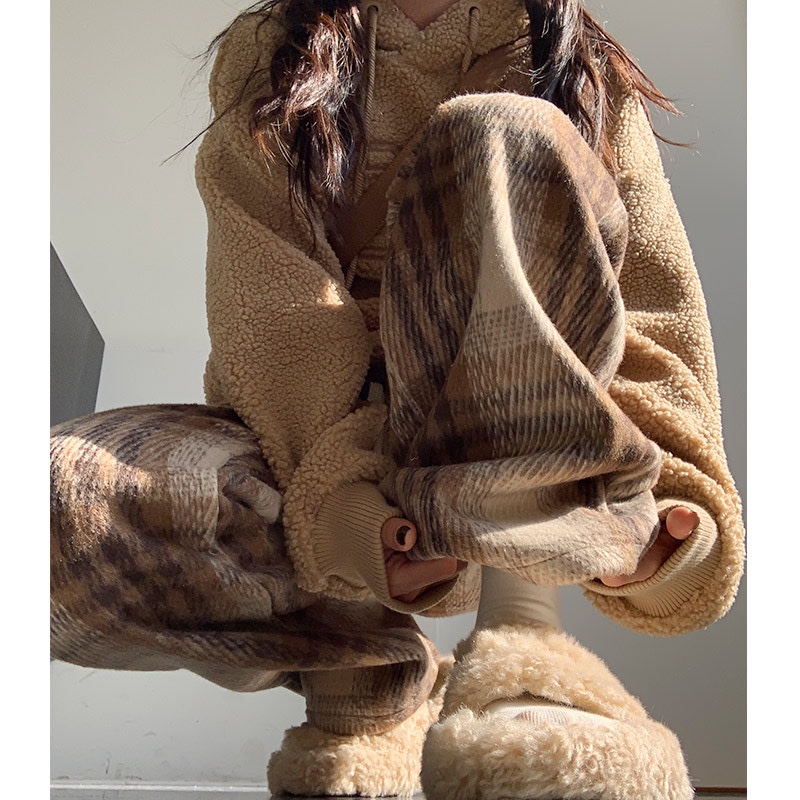 咖色格子裤子女秋冬直筒休闲外穿棉裤高腰垂感毛呢阔腿裤加绒裤子