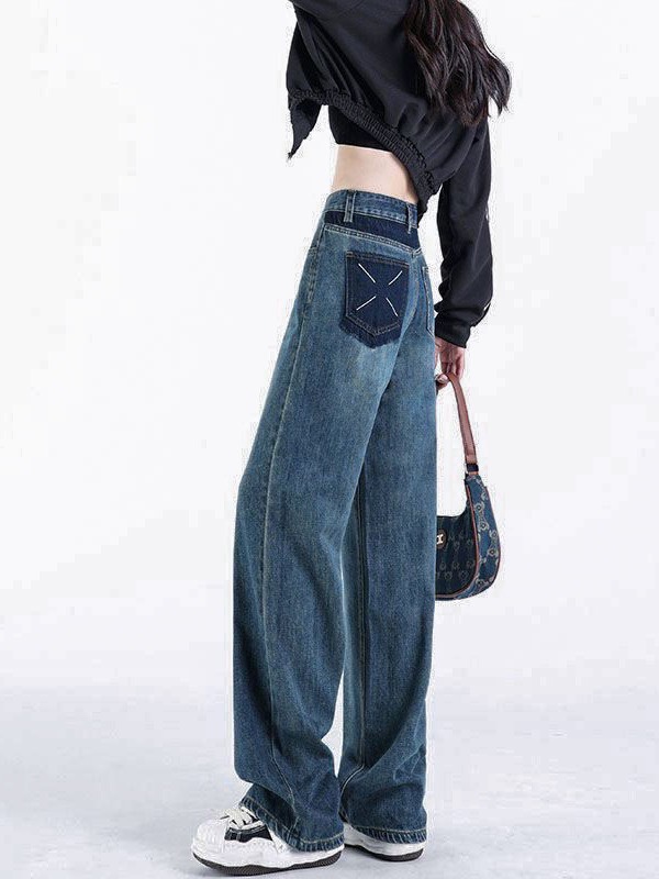 阔腿牛仔裤女2024春季新款小个子复古高腰直筒设计感宽松显瘦裤子