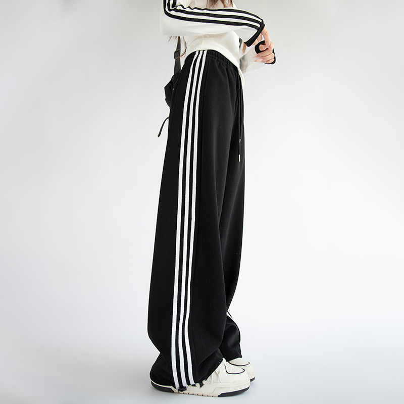 黑色运动裤子女春秋款2024新款条纹两穿卫裤小个子直筒休闲阔腿裤