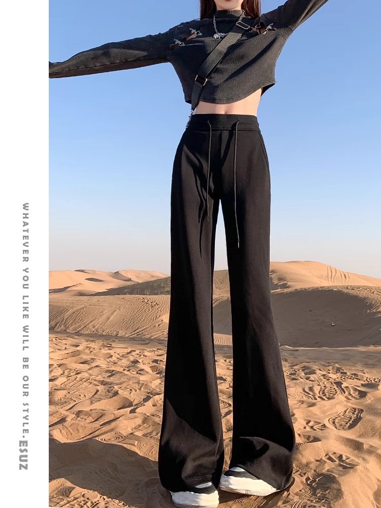 美拉德黑色高腰微喇运动卫裤女2024春装辣妹修身显瘦休闲喇叭裤子