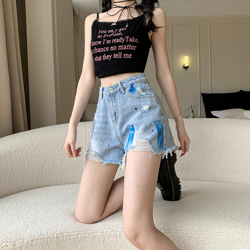 破洞牛仔短裤女夏季薄款2024新款高腰显瘦小个子a字阔腿热裤子潮