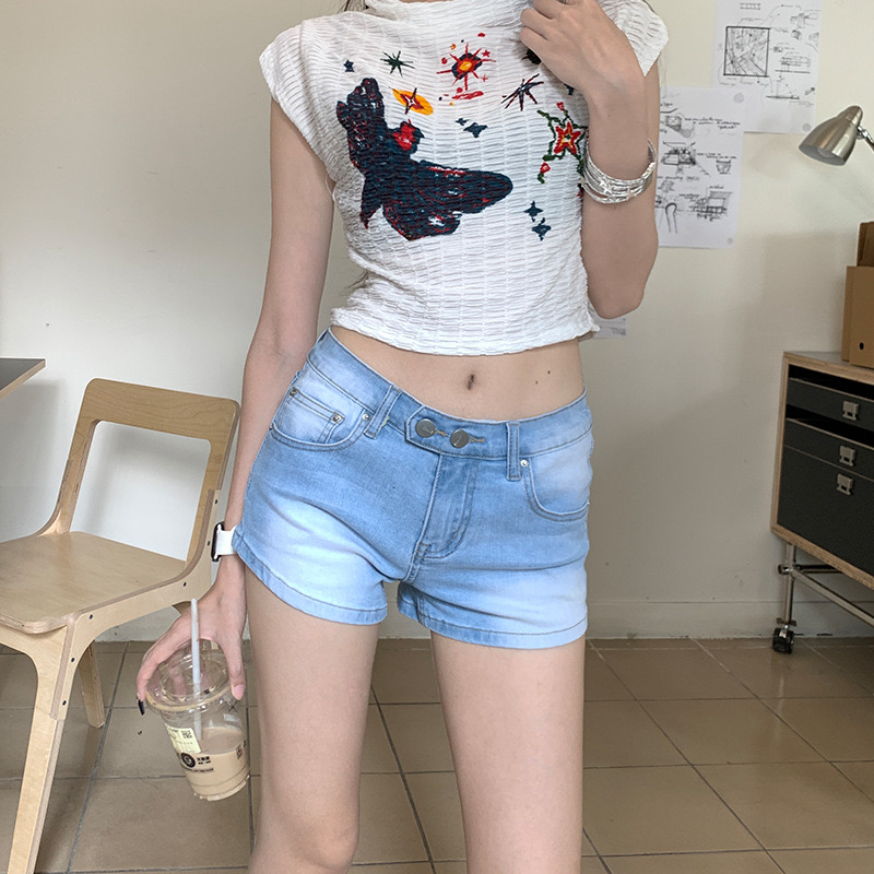 美式辣妹牛仔短裤女2024年夏季薄款弹力包臀性感甜辣a字热裤子潮