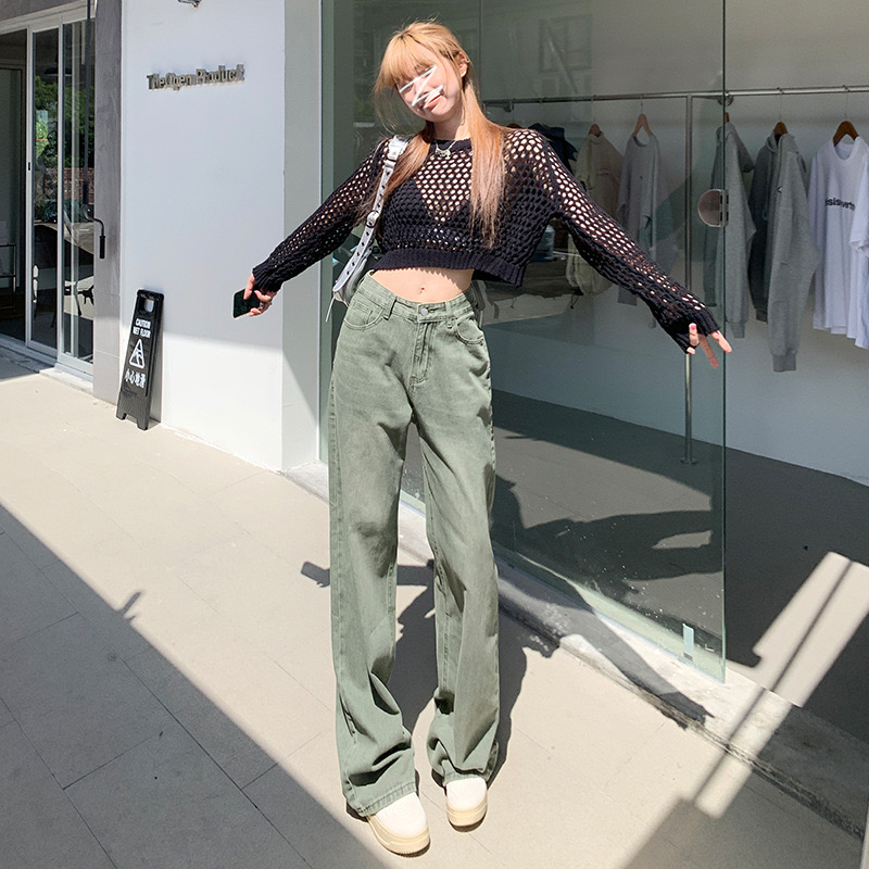 复古水洗绿色阔腿牛仔裤女高腰显瘦高个子设计感宽松垂感拖地裤子