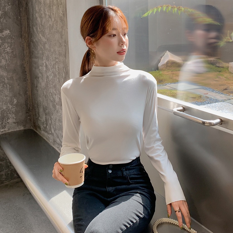 莫代尔半高领打底衫女2024秋季新款修身内搭纯色长袖t恤女上衣服