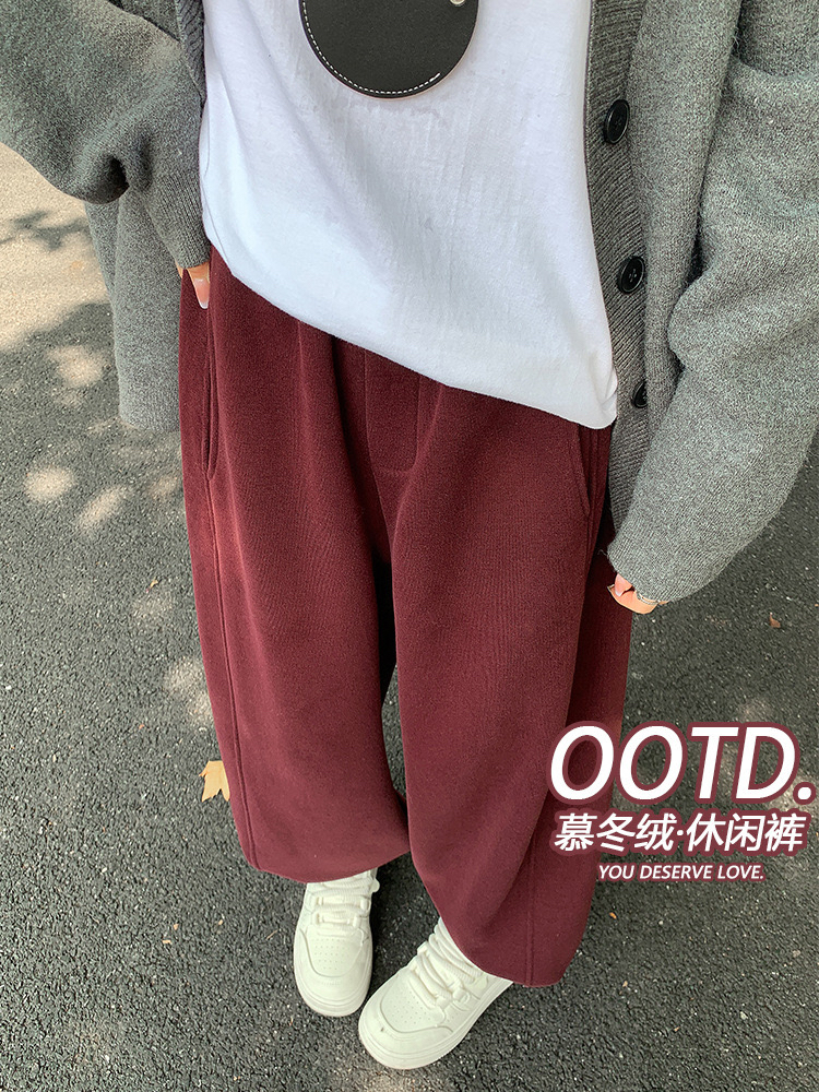 红色慕冬绒运动裤女2024秋冬加绒加厚高腰阔腿宽松休闲束脚卫裤子