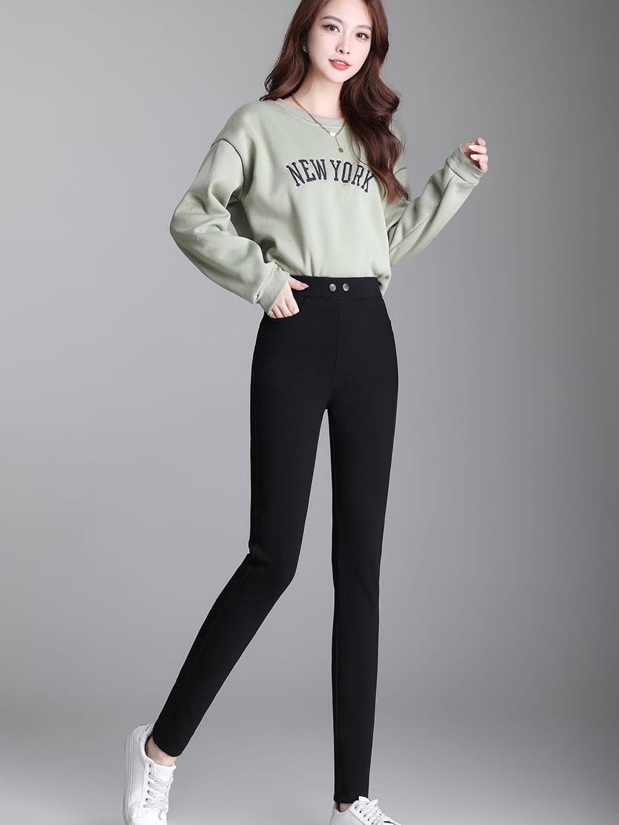 打底裤女外穿春秋2024新款秋冬加绒高腰铅笔黑裤黑色裤子女小脚裤