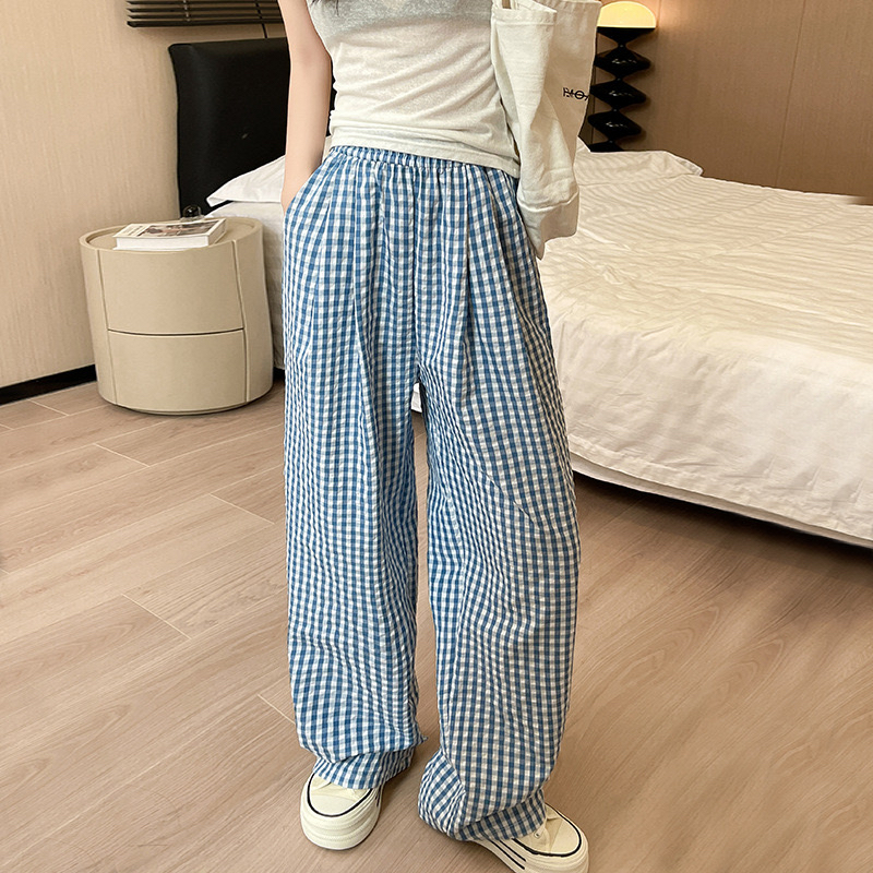 蓝白格子抽绳高腰休闲裤女夏季薄款裤子小个子宽松直筒阔腿裤长裤