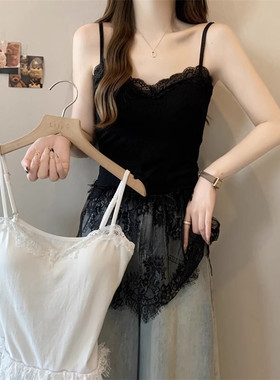 黑色蕾丝吊带背心女V领衫外穿大码胖mm内搭收腰中长款打底衫上衣