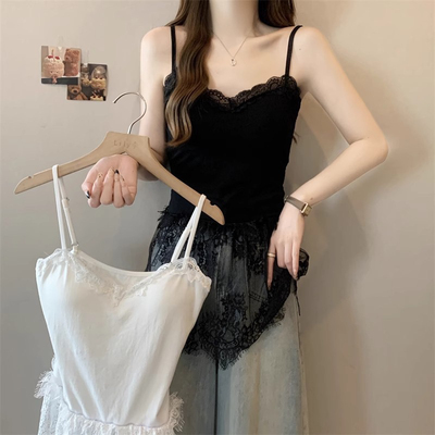 黑色蕾丝吊带背心女V领衫外穿大码胖mm内搭收腰中长款打底衫上衣