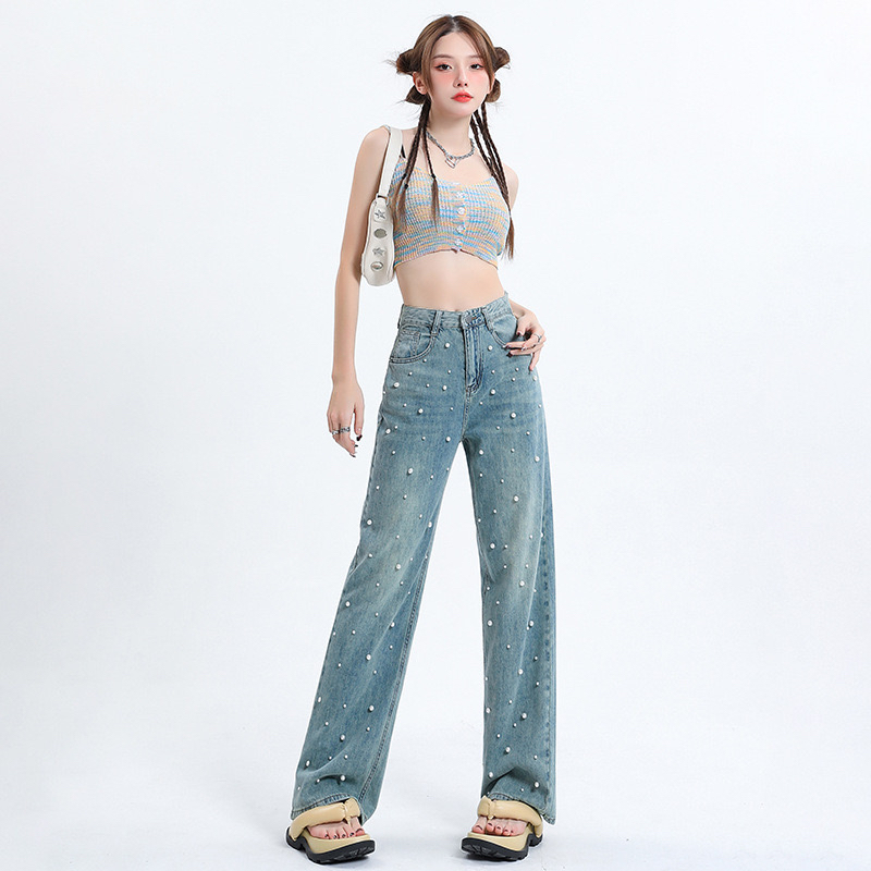 美式复古珍珠牛仔裤女春季水洗浅蓝色拖地长裤直筒阔腿宽松裤子潮