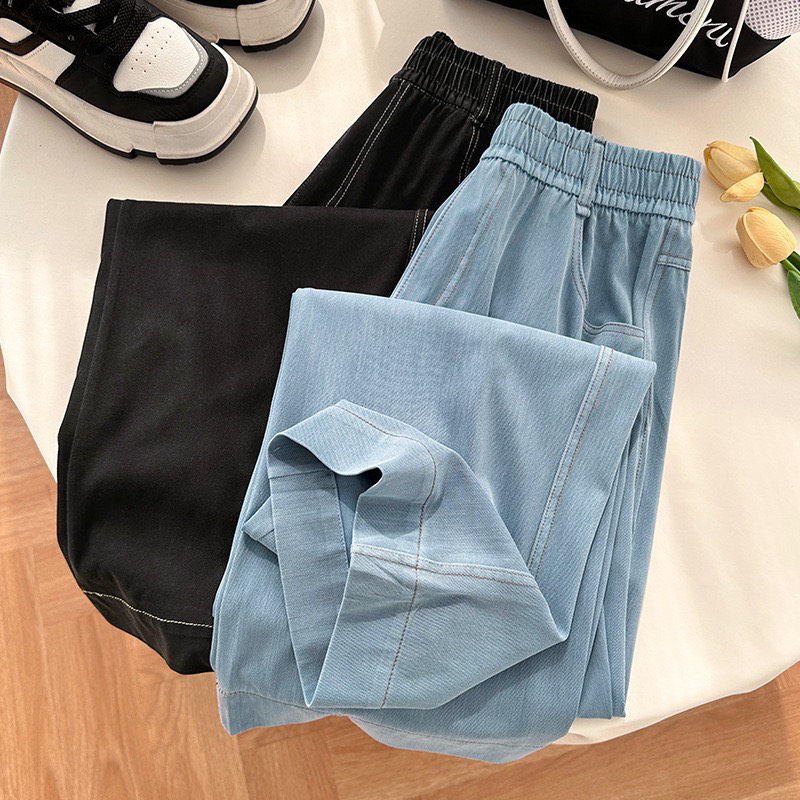 直筒天丝牛仔裤女春夏薄款韩版新款高腰显瘦垂感休闲冰丝阔腿裤子