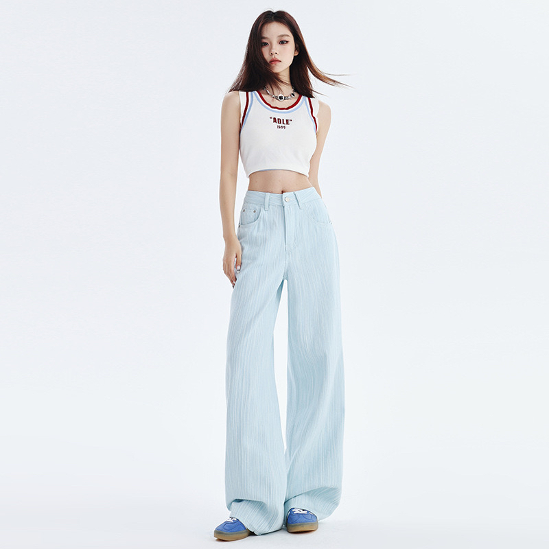 粉色牛仔裤小众肌理感直筒裤女夏季设计感高腰拖地裤阔腿裤长裤子