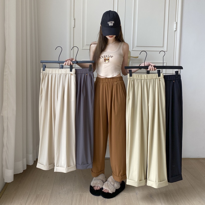 冰丝速干裤子女夏季薄款宽松阔腿休闲九分裤显瘦高腰卷边直筒裤潮