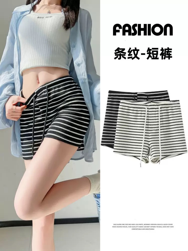 条纹运动裤短裤子女夏季新款宽松显瘦高腰外穿休闲瑜伽阔腿裤热裤
