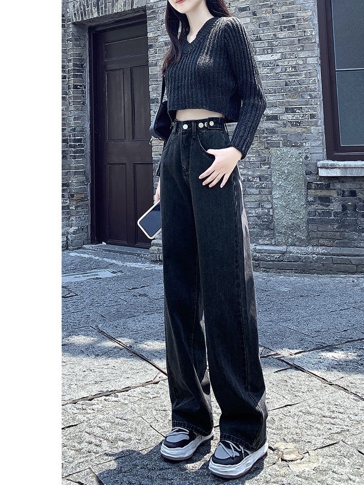 直筒牛仔裤女秋季秋冬2024新款高腰阔腿裤小个子显瘦宽松加绒裤子