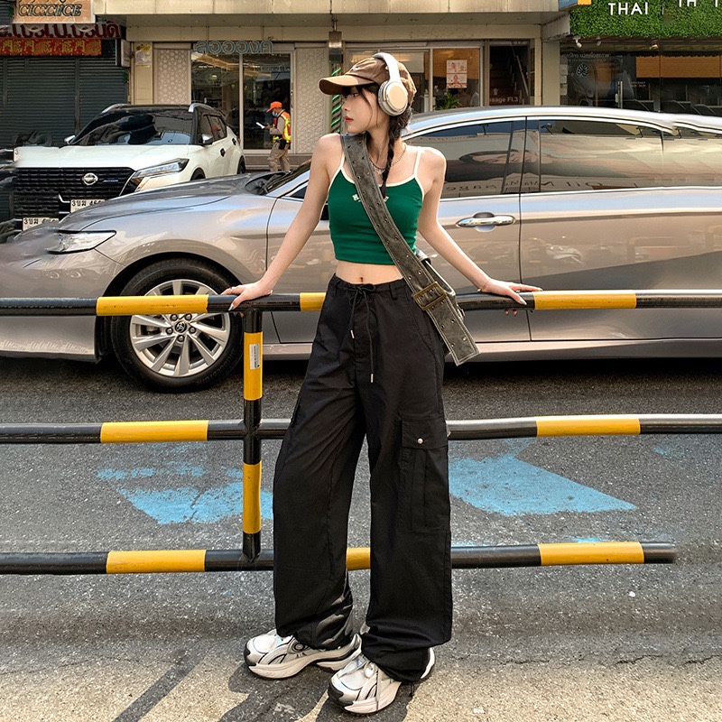 美式黑色工装裤女薄款辣妹高腰显瘦宽松休闲直筒阔腿复古运动裤子