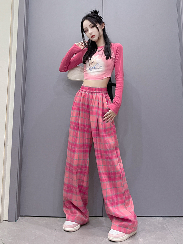 新款粉色格子松紧腰窄版设计阔腿裤夏季女士宽松高腰工装休闲裤子