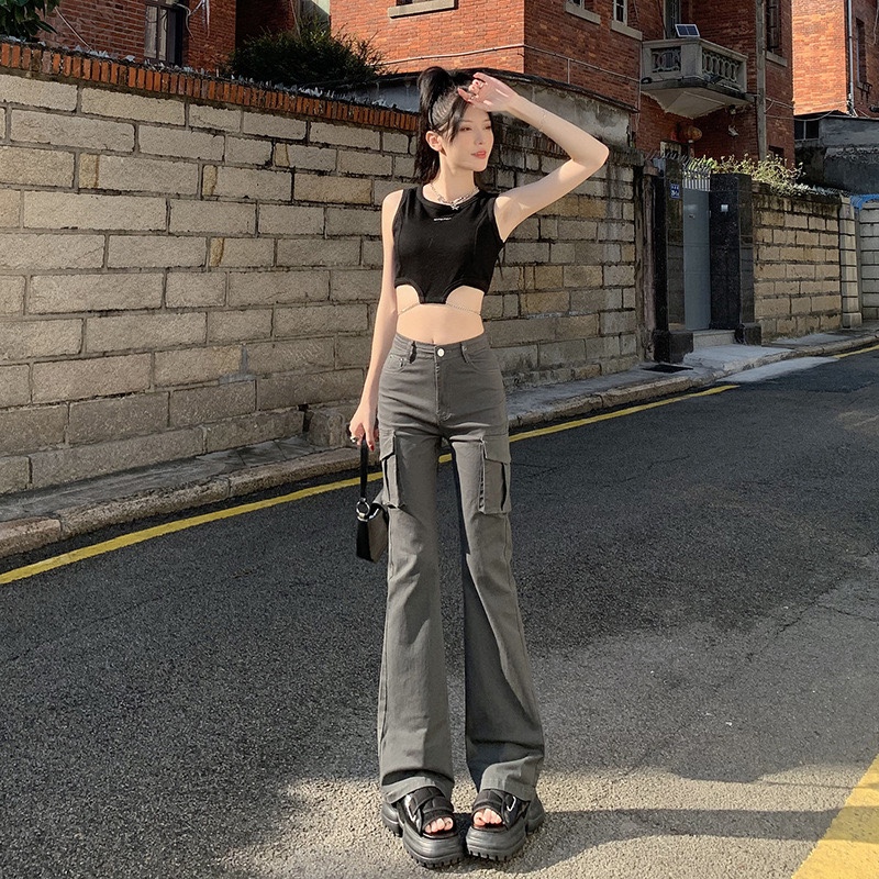 美式复古喇叭工装裤子女早春季薄款2024春秋高腰显瘦休闲马蹄长裤