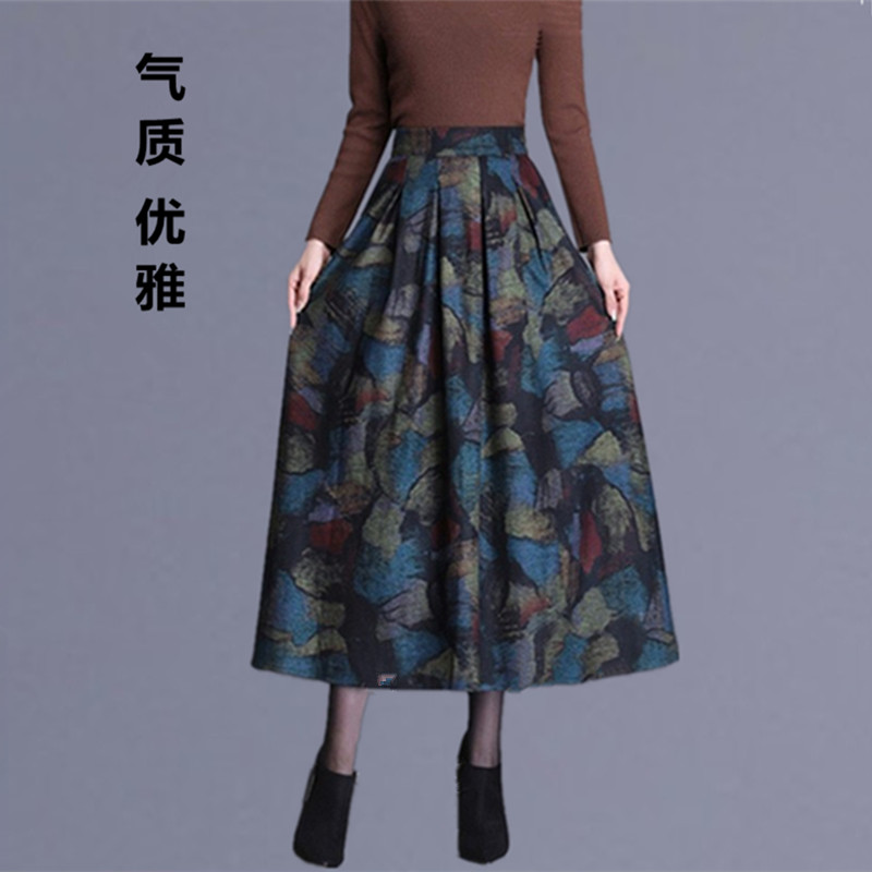 毛呢半身裙女秋冬高腰裙子中长款半截a字伞裙印花加厚