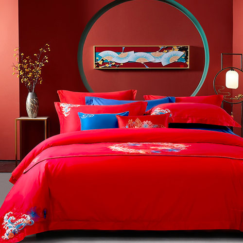 富安娜婚庆80S皮马棉六件套结婚床上用品喜庆刺绣被套床单六件套