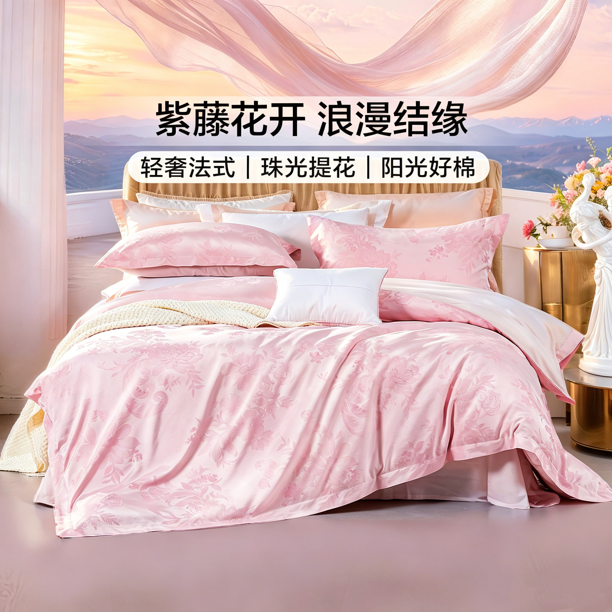 富安娜婚庆四件套轻奢提花高级感纯棉粉色结婚欧式浪漫床单被套