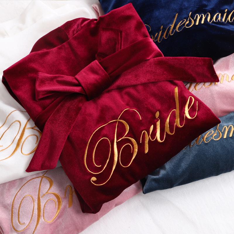 晨袍女新娘秋冬季结婚红色睡袍婚礼伴娘伴手礼冬季金丝绒新婚睡