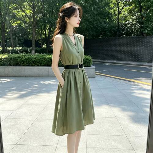 夏新款轻奢气质显白今年流行的裙子女装高级感显瘦绿色连衣裙2026